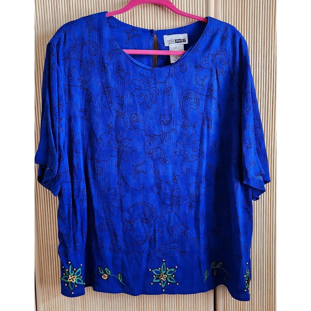 CM Shapes Women's Blouse 1X Blue Short Sleeve Vintage Summer Floral Embroidery